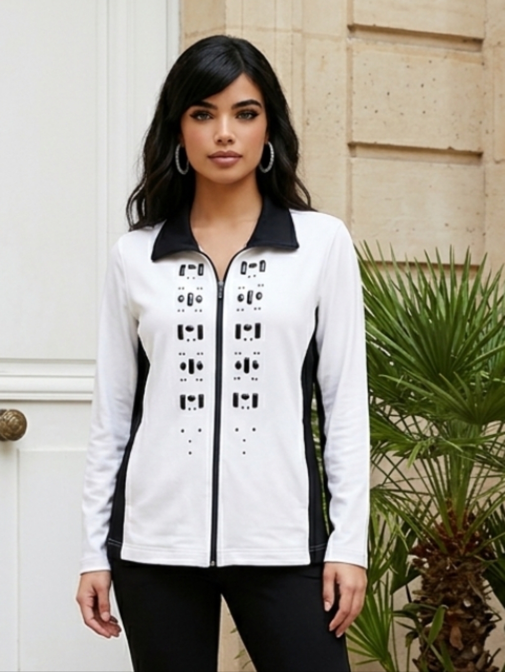 Three Hearts White and Black Zip-Up Athletic Jacket With Embellishments